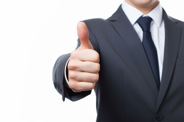 Businessman making thumbs up gesture expressing positivity and agreement