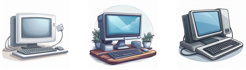 Fototapeta premium Three retro computer illustrations, showcasing variations in design and setup. One features a separate monitor and keyboard; another, an all-in-one design; and the third, a classic desktop computer w