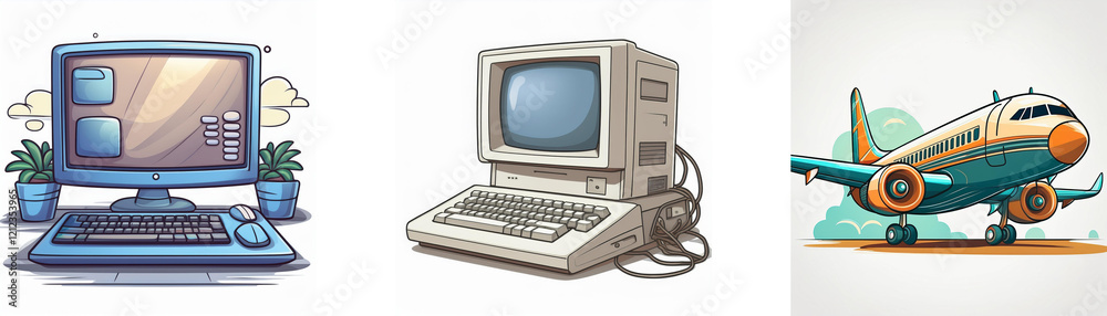 Aufkleber Retro computers and a vintage airplane.  A nostalgic image representing technology and travel from a bygone era.