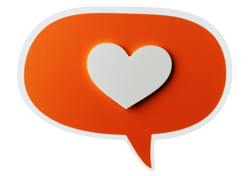 Orange speech bubble with white heart transparent image. Valentines social media love communication isolated cutout 3d render. Dating app match cut out clipart design element png