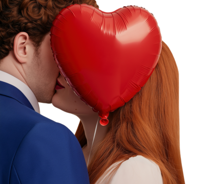 Romantic kiss hidden behind heart balloon image isolated transparent. Romance Valentine portrait cut out photo png. Love expression. Intimacy husband and wife cutout photography - Powered by Adobe