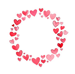 Minimalistic heart wreath in red pink shades transparent image. Romantic heartshaped circular valentines card isolated cutout. Love decoration cut out clipart design element png