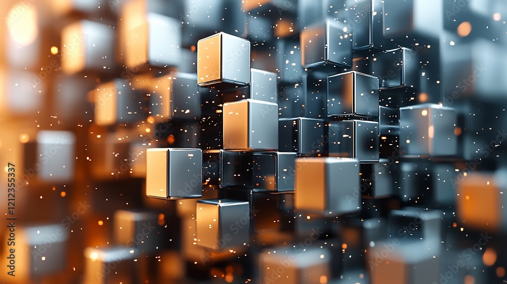 Poster Abstract 3D rendering of metallic cubes with glowing particles.