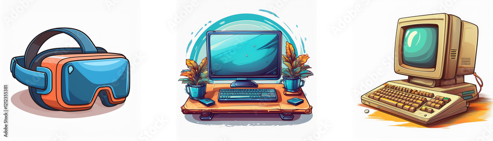 Poster a vibrant illustration showcases the evolution of computing: vr headset, modern desktop, and vintage