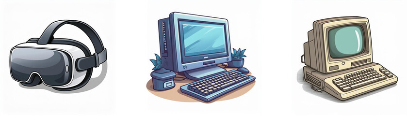 Fototapeta premium Evolution of computing: VR headset, desktop PC, vintage computer. Shows technological advancement in personal computing.