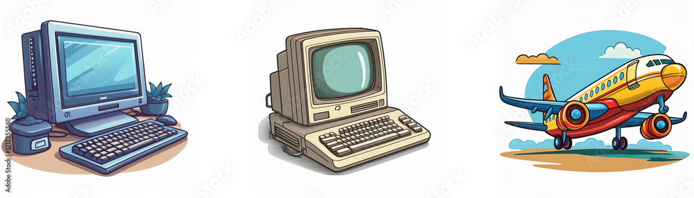 Aufkleber retro computer designs alongside a cartoon airplane taking off. a nostalgic illustration of technolo