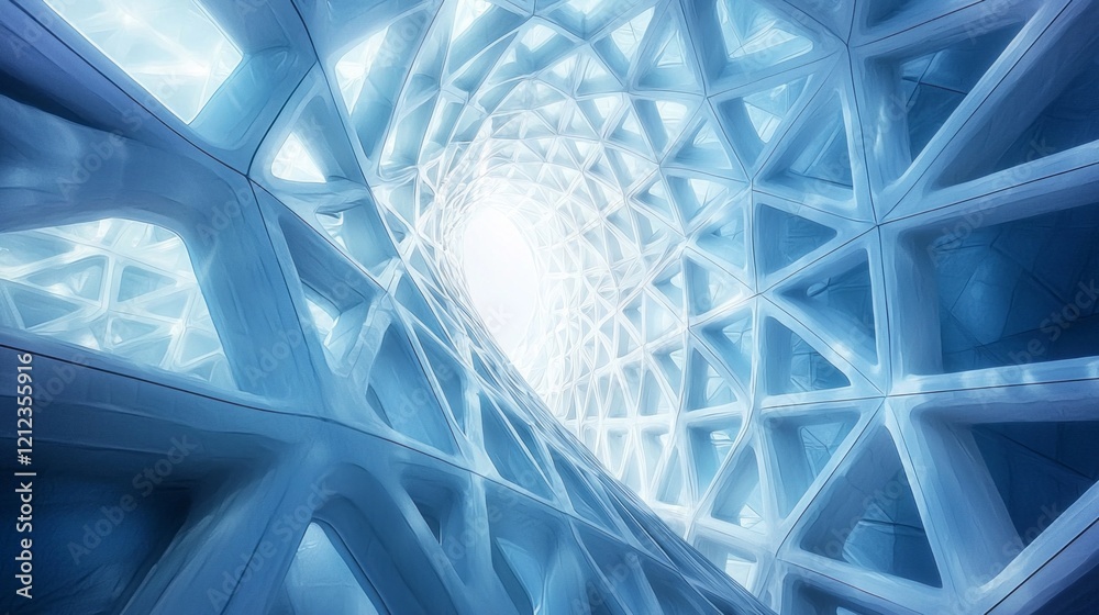 Aufkleber A mesmerizing journey unfolds within a radiant blue fractal structure, where intricate patterns twist and turn, leading to a luminous and enchanting source of light at its core