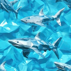 Obraz premium Geometric 3D sharks with angular bodies and glass - like finishes on an oceanic background . Seamless abstract 3d pattern background