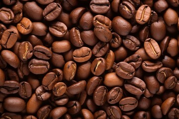 Naklejka premium Close up of roasted coffee beans, creating a rich brown textured background, ideal for coffee related designs