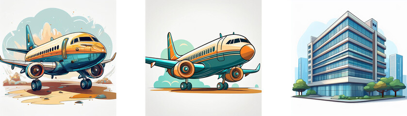 Cartoon illustration showcases two airplanes and a modern skyscraper, representing travel and urban landscapes.