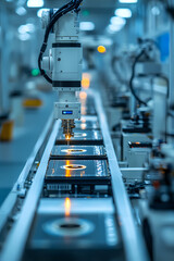  Featuring state-of-the-art plasma etching machines on the factory floor. An entire scene is captured by the camera, showing sleek, modern machinery operating in perfect harmony.