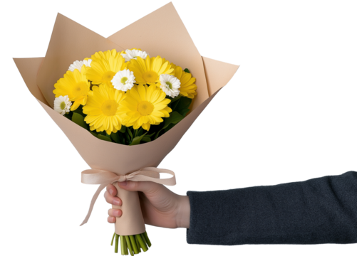 Yellow gerbera bouquet with ribbon in kraft paper image isolated transparent. Daisies, white blooms cut out photo png. Elegant wrapping, rustic floral arrangement cutout photography