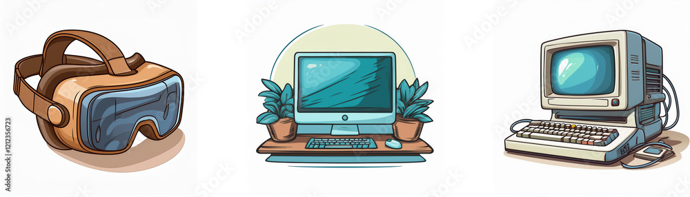 Poster A virtual reality headset, a modern desktop computer with plants, and a vintage computer illustrate the evolution of computing technology.