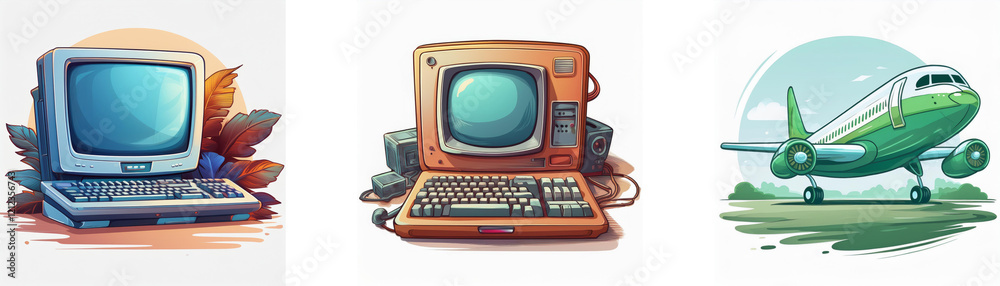 Aufkleber retro illustration featuring vintage computers and a retro airplane, evoking nostalgia for past tech
