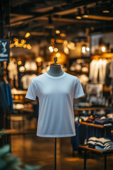 Obraz premium Mockup of a blank white T-shirt displayed on a mannequin in a stylish clothing store with warm lighting and blurred fashion items in the background. 