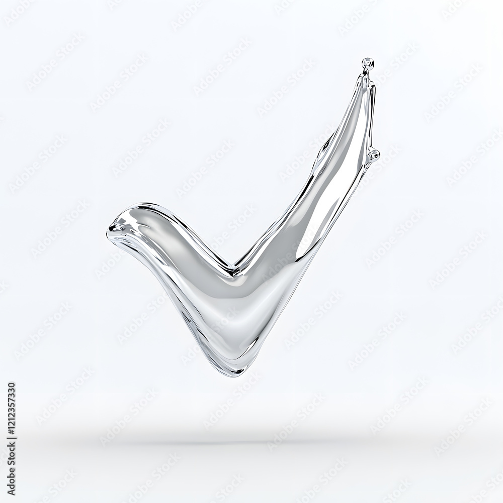 Poster 3d check mark sign made of liquid metallic texture isolated on white background