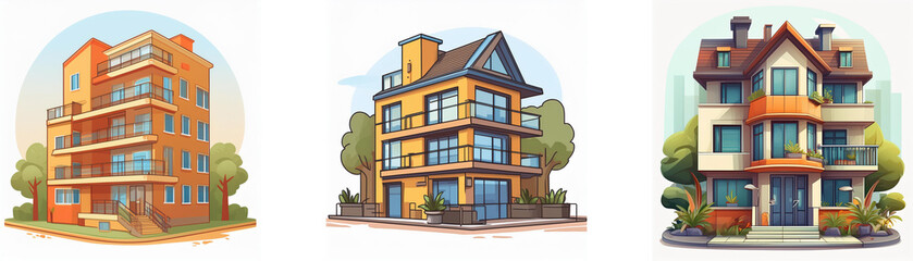 Naklejka premium Three charming residential buildings, varying in architectural style, are depicted in a vibrant cartoon illustration. Each building is situated amidst lush greenery.