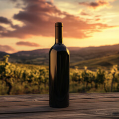 Fototapeta premium Blank wine bottle mockup placed on a rustic wooden table with a vineyard and rolling hills at sunset in the background 