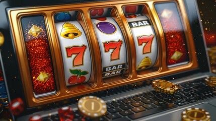 Vibrant Slot Machine Display on Laptop with Glimmering Coins and Gems