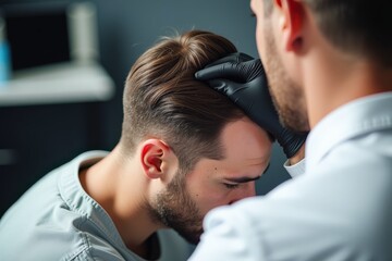 Fototapeta premium Professional Hair Transplant Procedure in Progress: Men’s Aesthetic Surgery for Thinning Hair and Restoring Confidence
