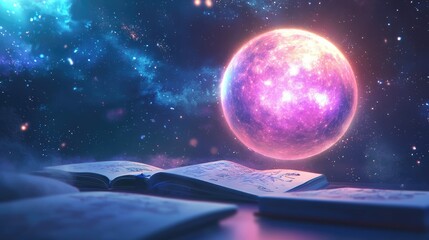 Fototapeta premium A glowing sphere floating above a table of sketches and open notebooks.