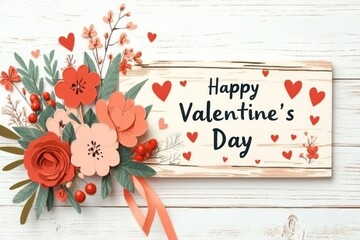 Serdetchki y flores en una tarjeta vintage para el Día de San Valentín con un mensaje alegre