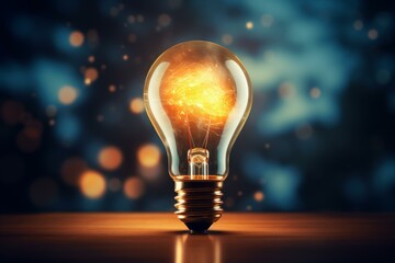 Light bulb glowing with an orange light on a wooden table with a blurred background