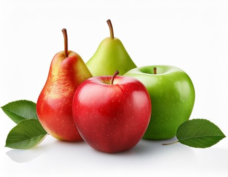 fresh red apple and green pear with leaves isolated transparent