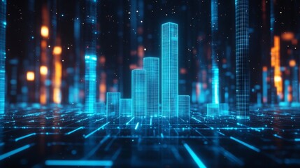 A glowing rising graph with blue bars on a digital grid background