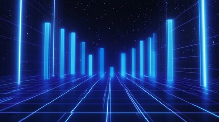 A glowing rising graph with blue bars on a digital grid background 