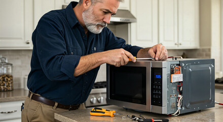 Senior technician repairing microwave oven in modern kitchen setting