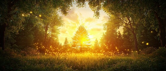 Obraz premium A golden sunset filters through lush trees in a serene forest setting.