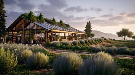 Obraz premium Modern glass building with a curved roof amidst a lavender field at dusk