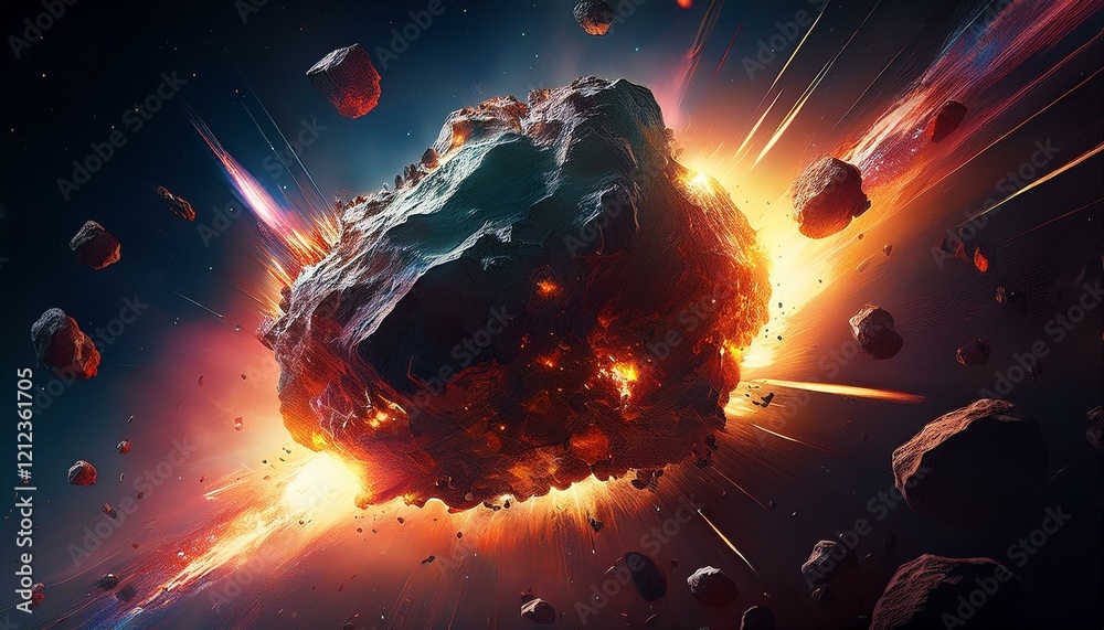 Sticker large asteroid in the process of exploding small parts flying off