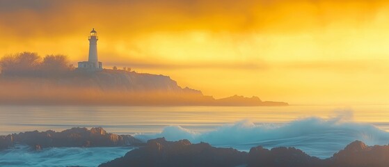 Fototapeta premium A stunning lighthouse stands against a vibrant sunset, illuminating the misty ocean waves.