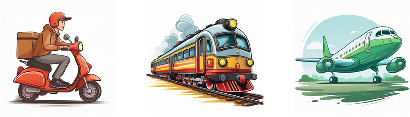 Fototapeta premium A scooter delivery, train, and airplane illustrate various modes of transportation. Efficient, fast travel options.