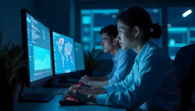Two people work late at night with dual monitors displaying data charts and maps