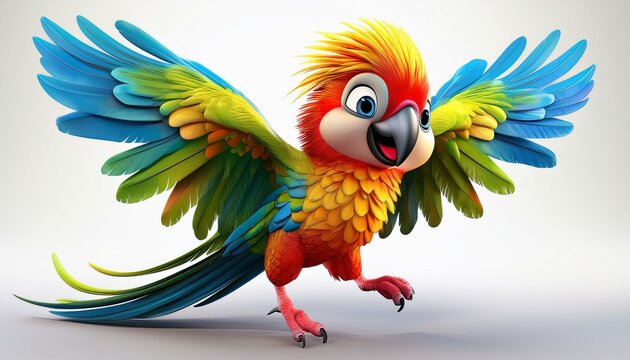 cheerful 3d parrot with colorful feathers plays on one foot in a whimsical style on a white background