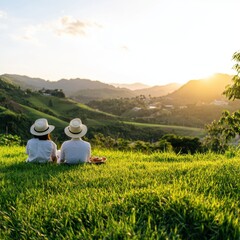 Fototapeta premium Two people sit on lush grass, wearing hats, gazing at a stunning sunset over rolling hills.