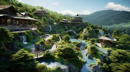 Obraz premium Traditional Japanese village with pagoda-style houses amidst lush greenery