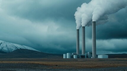 Industrial Power Plant with Smoke Stacks Against a Dramatic Sky