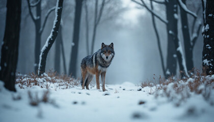 Naklejka premium Lonely wolf standing in a snowy forest pathway surrounded by tall, bare trees in winter