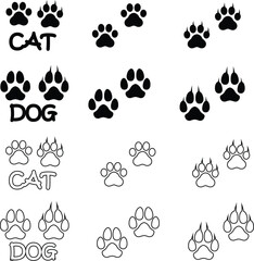 Fototapeta premium Dog or cat paw print design flat and line icon set. Black vector collection isolated on transparent background. Footprint pet step symbol for animal zoo, vet logo element apps and websites.