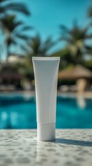 Naklejka premium White tube without label placed near the swimming pool in resort. Natural cosmetic concept. Empty label for branding mockup, vertical