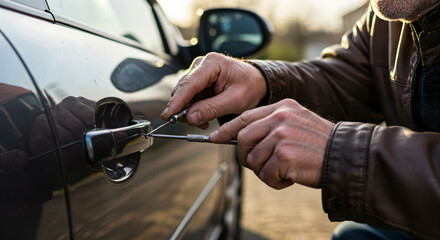 Professional locksmith picking car door lock during automotive emergency service