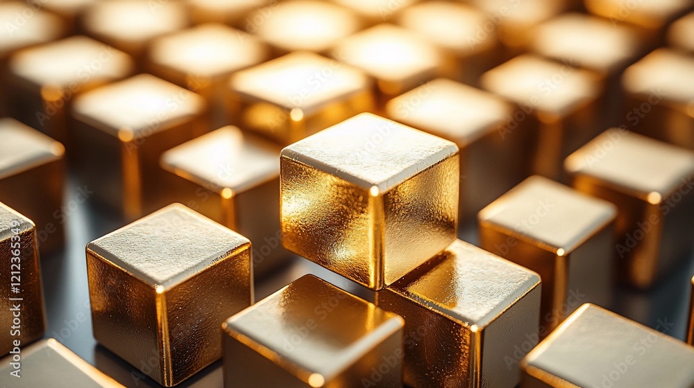 Poster golden cubes arranged in a grid pattern, with one cube slightly elevated, creating a sense of depth 