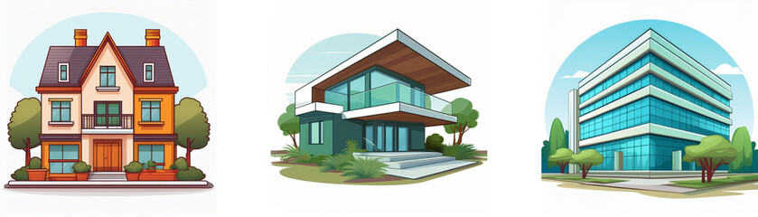 Fototapeta premium Three diverse building styles are shown: a classic two-story house, a modern single-story home, and a contemporary glass office building. Each is nestled in a landscaped setting.
