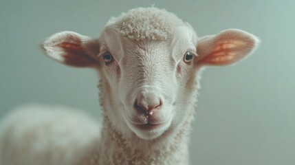 Fototapeta premium A close-up of a young lamb reveals its soft wool and curious expression, illuminated by natural light in a simplistic setting that highlights its gentle features and innocence