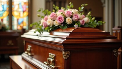 Mahogany coffin with a wreath of pastel-colored roses in a serene farewell atmosphere