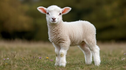 Fototapeta premium A fluffy white lamb stands gracefully in a lush green pasture, illuminated by gentle sunlight. Wildflowers bloom in the background, creating a serene countryside ambiance on a delightful day